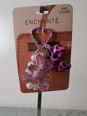 * Enchante Women's Teddy Bear/Leopard Bow/Pearl Accent Bag Charm Keychain Pink